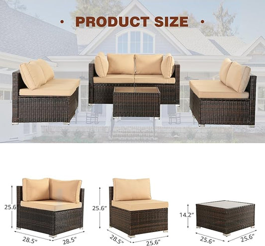 FHFO 7/8 Pieces Patio Furniture Set,Wicker Outdoor Conversation Set,Rattan Sectional Sofa Set w/Washable Cushions & Glass Coffee Table for Porch Poolside