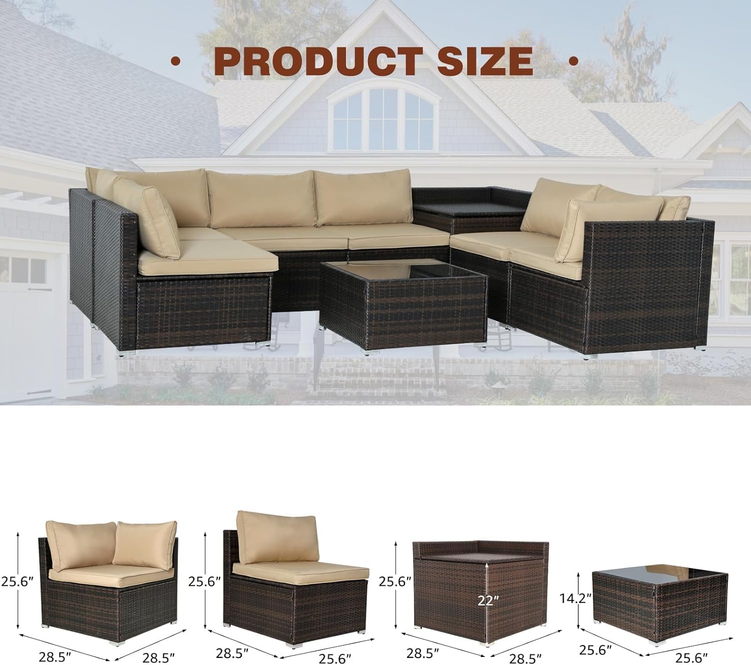 FHFO 7/8 Pieces Patio Furniture Set,Wicker Outdoor Conversation Set,Rattan Sectional Sofa Set w/Washable Cushions & Glass Coffee Table for Porch Poolside