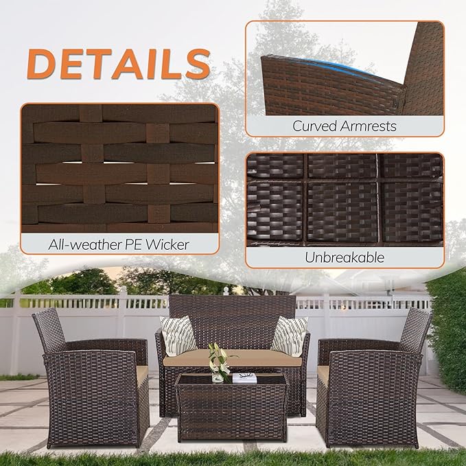 FHFO 4 Piece Patio Furniture Set,Outdoor Wicker Conversation Sets,Rattan Sectional Sofa w/Coffee Table,Seat Cushions for Backyard Porch Garden Poolside