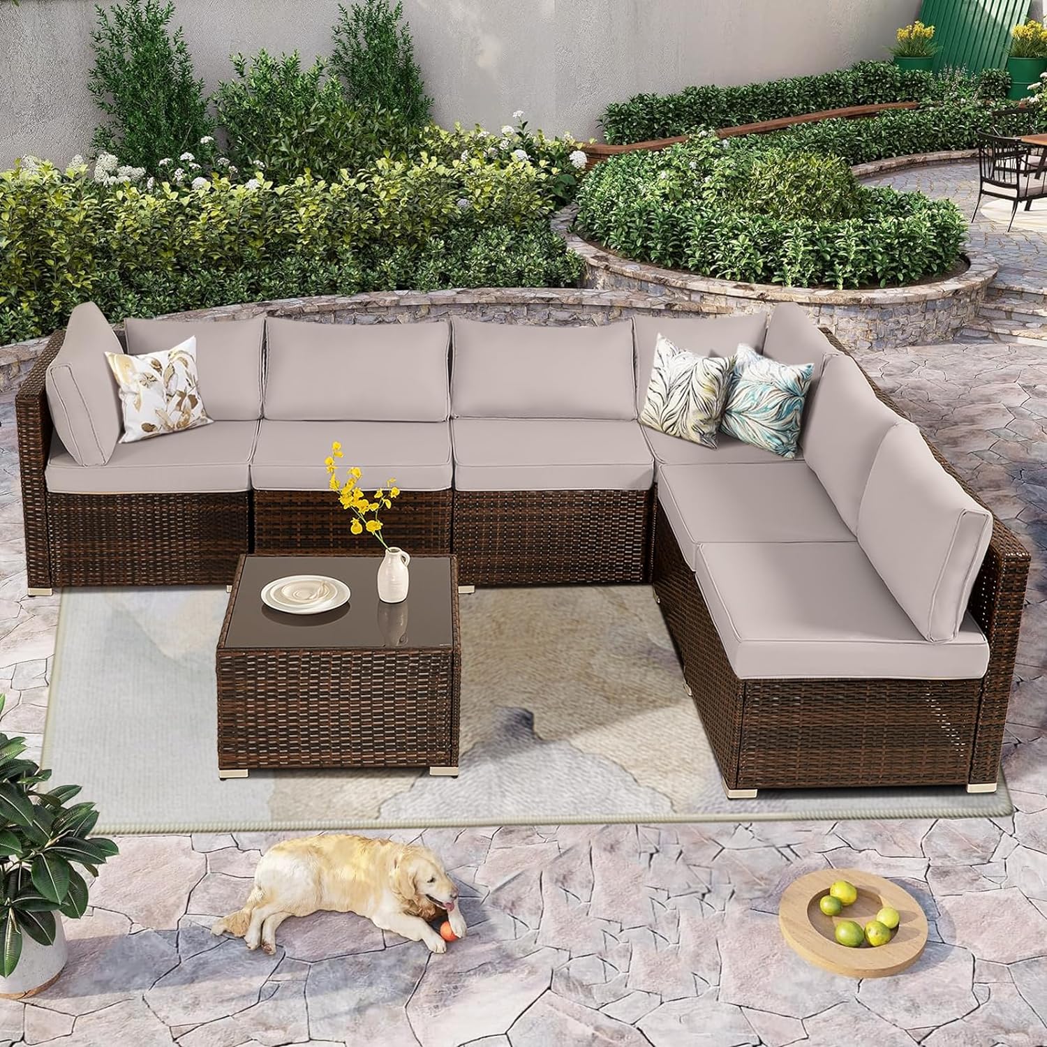 FHFO 7/8 Pieces Patio Furniture Set,Wicker Outdoor Conversation Set,Rattan Sectional Sofa Set w/Washable Cushions & Glass Coffee Table for Porch Poolside