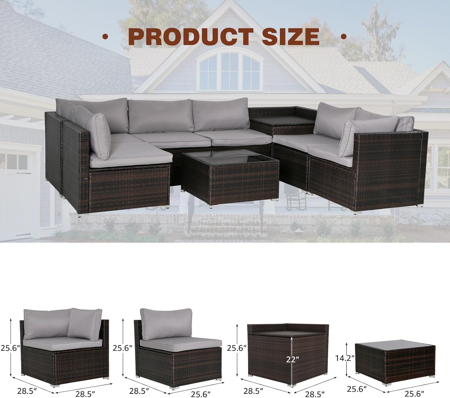 FHFO 7/8 Pieces Patio Furniture Set,Wicker Outdoor Conversation Set,Rattan Sectional Sofa Set w/Washable Cushions & Glass Coffee Table for Porch Poolside