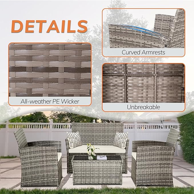 FHFO 4 Piece Patio Furniture Set,Outdoor Wicker Conversation Sets,Rattan Sectional Sofa w/Coffee Table,Seat Cushions for Backyard Porch Garden Poolside