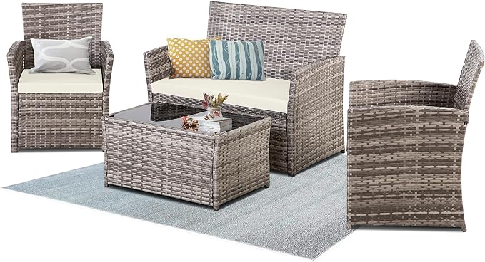 FHFO 4 Piece Patio Furniture Set,Outdoor Wicker Conversation Sets,Rattan Sectional Sofa w/Coffee Table,Seat Cushions for Backyard Porch Garden Poolside