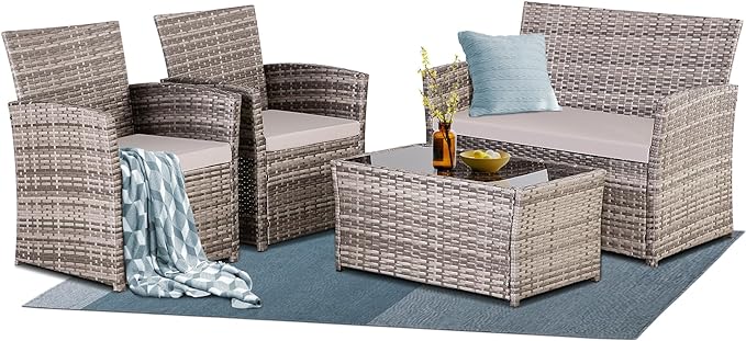 FHFO 4 Piece Patio Furniture Set,Outdoor Wicker Conversation Sets,Rattan Sectional Sofa w/Coffee Table,Seat Cushions for Backyard Porch Garden Poolside