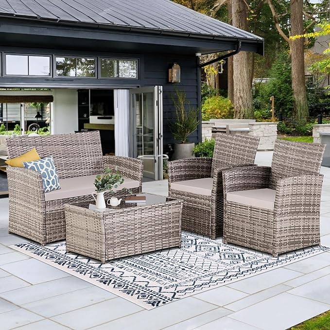 FHFO 4 Piece Patio Furniture Set,Outdoor Wicker Conversation Sets,Rattan Sectional Sofa w/Coffee Table,Seat Cushions for Backyard Porch Garden Poolside