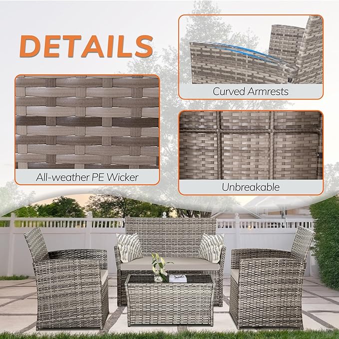 FHFO 4 Piece Patio Furniture Set,Outdoor Wicker Conversation Sets,Rattan Sectional Sofa w/Coffee Table,Seat Cushions for Backyard Porch Garden Poolside