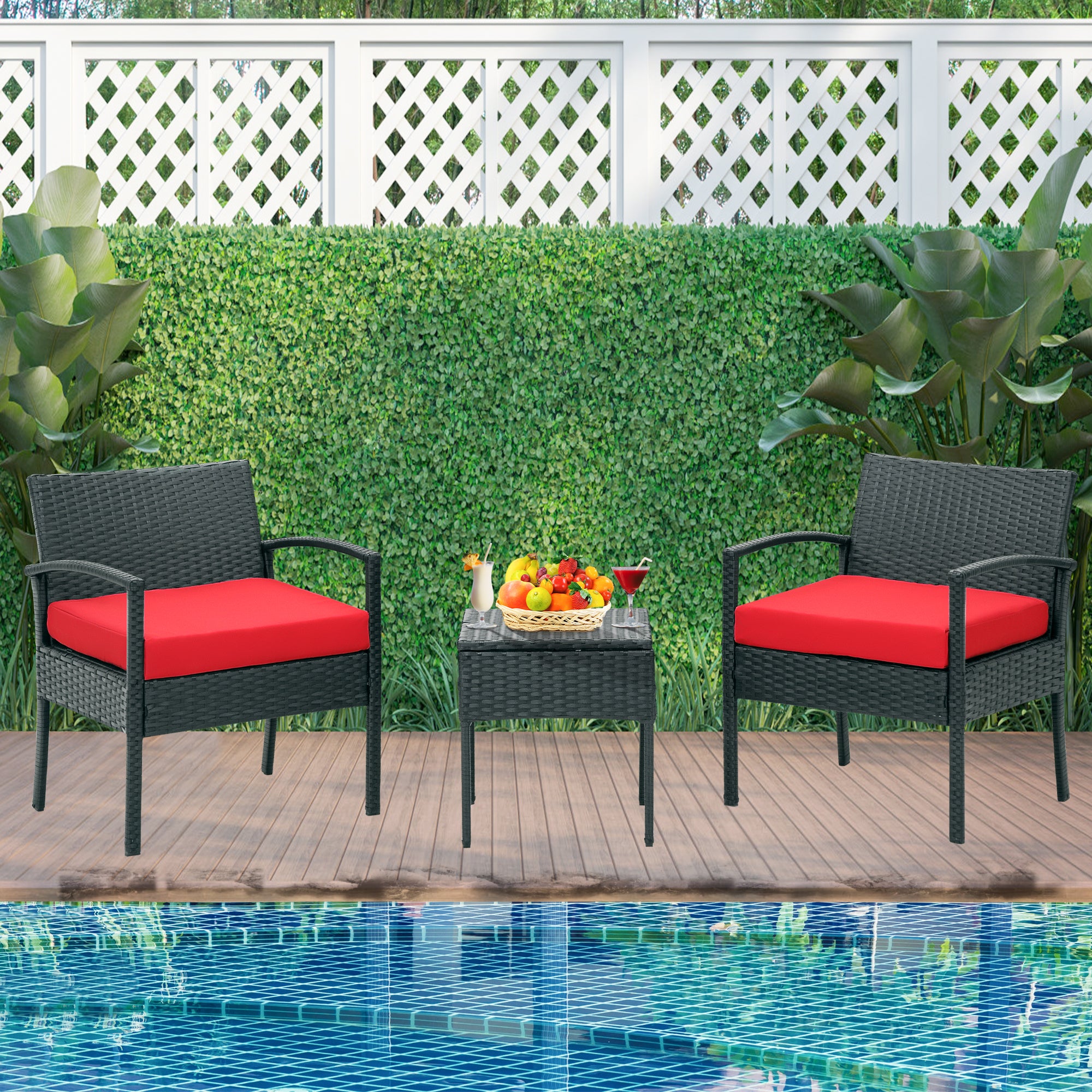 FHFO 3 Pieces Wicker Bistro Set, Outdoor Rattan Patio Conversation Set with Thickened Cushions for Garden Balcony Backyard Porch Lawn, Black Rattan & Red Cushion