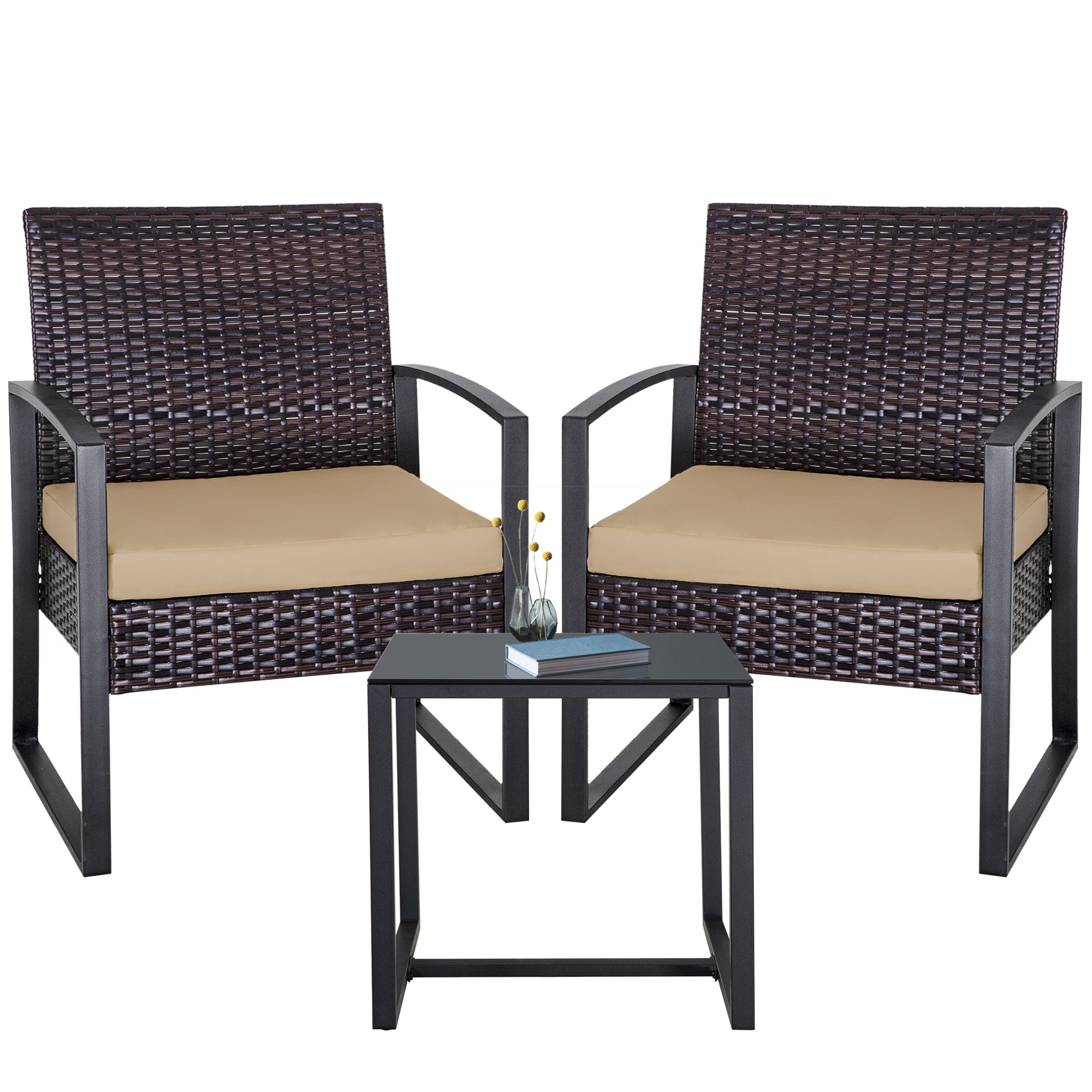 FHFO 3 Pieces Patio Furniture Set, Outdoor Wicker Conversation Bistro Set w/ 2 Chairs, 2 Cushions, Glass Coffee Table for Garden Balcony Backyard Porch Lawn - Brown Wicker & White Cushions