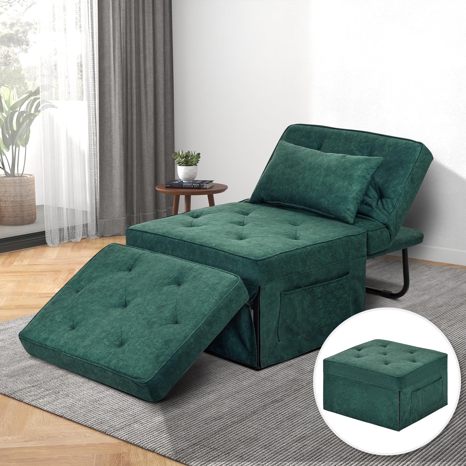 Convertible Sofa Bed, 4 in 1 Multi-Function Folding Ottoman Bed with Adjustable Backrest, Modern Pull Out Sleeper Chair for Living Room Apartment Office (Green, Medium-28 Width)