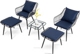 5  Piece Patio Bistro Set with Ottoman, Outdoor Wicker Apartment Balcony Furniture Sets, Rattan Table and Chairs Set of 2 for Porch Backyard Lawn Poolside Deck (Gray/Blue)