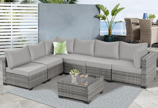 7 Pieces Outdoor Patio Furniture Set Modular Patio Set Wicker Outdoor Sectional Sofa Set PE Rattan Patio Conversation Sets with Cushions & Coffee Table for Outside, Garden, Poolside, Porch, Gray