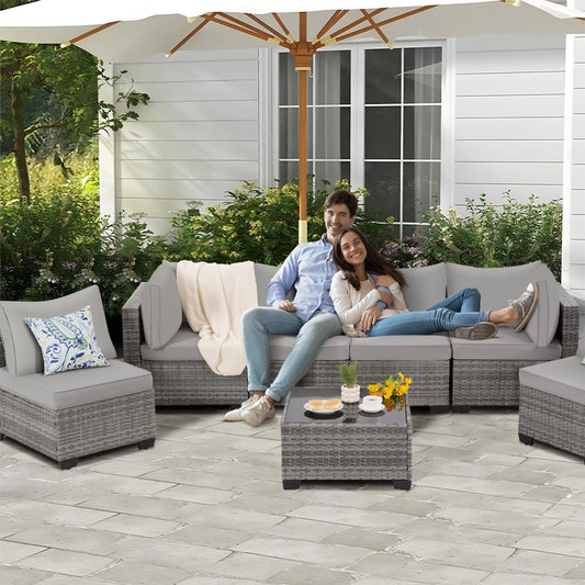 7 Pieces Outdoor Patio Furniture Set Modular Patio Set Wicker Outdoor Sectional Sofa Set PE Rattan Patio Conversation Sets with Cushions & Coffee Table for Outside, Garden, Poolside, Porch, Gray