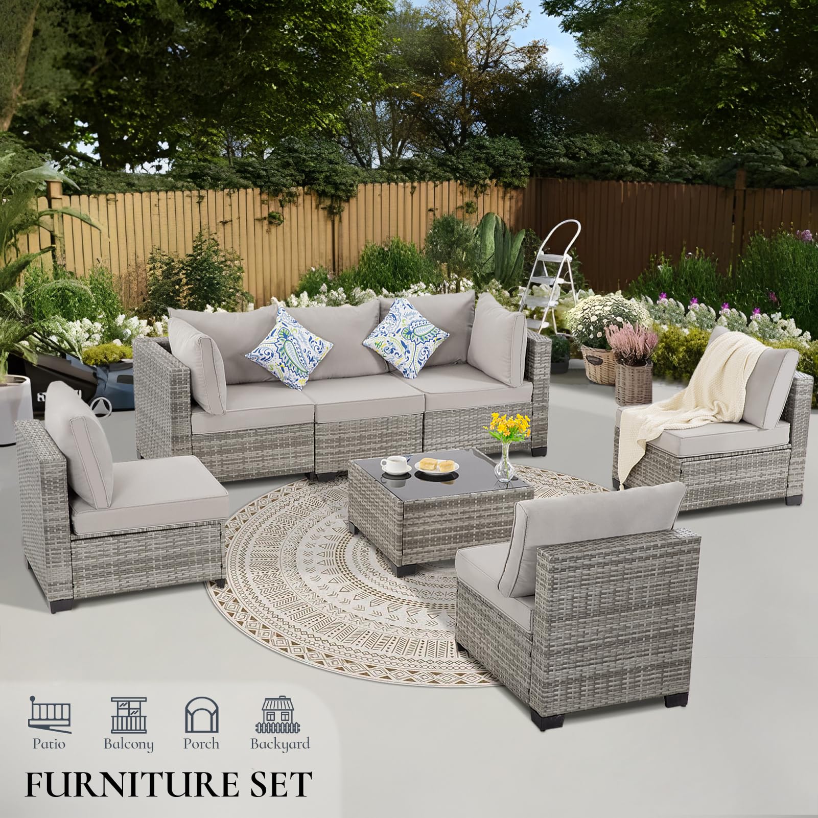 7 Pieces Outdoor Patio Furniture Set Modular Patio Set Wicker Outdoor Sectional Sofa Set PE Rattan Patio Conversation Sets with Cushions & Coffee Table for Outside, Garden, Poolside, Porch, Gray