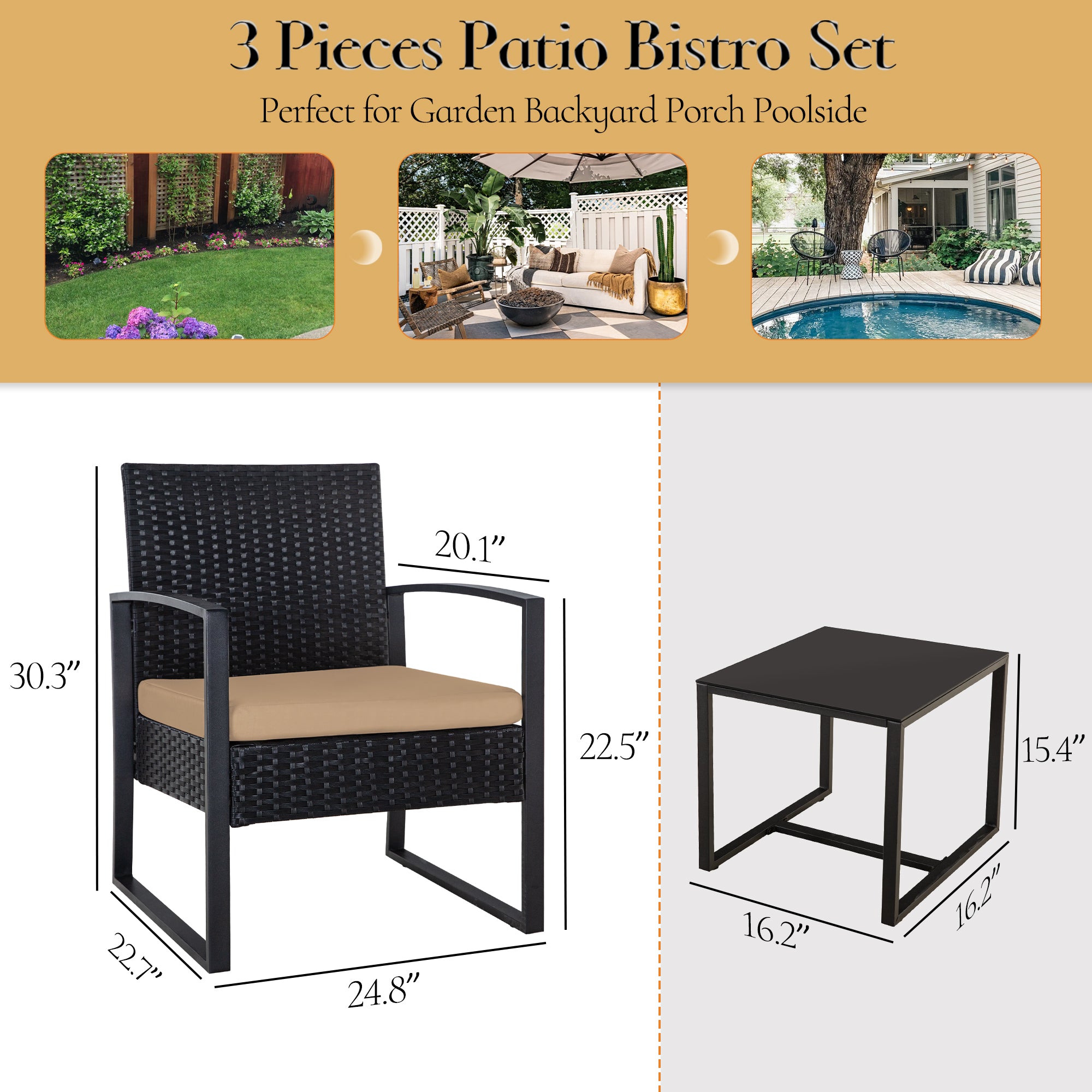 FHFO 3 Pieces Patio Furniture Set, Outdoor Wicker Conversation Bistro Set w/ 2 Chairs, 2 Cushions, Glass Coffee Table for Garden Balcony Backyard Porch Lawn - Brown Wicker & White Cushions