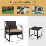 FHFO 3 Pieces Patio Furniture Set, Outdoor Wicker Conversation Bistro Set w/ 2 Chairs, 2 Cushions, Glass Coffee Table for Garden Balcony Backyard Porch Lawn - Brown Wicker & White Cushions