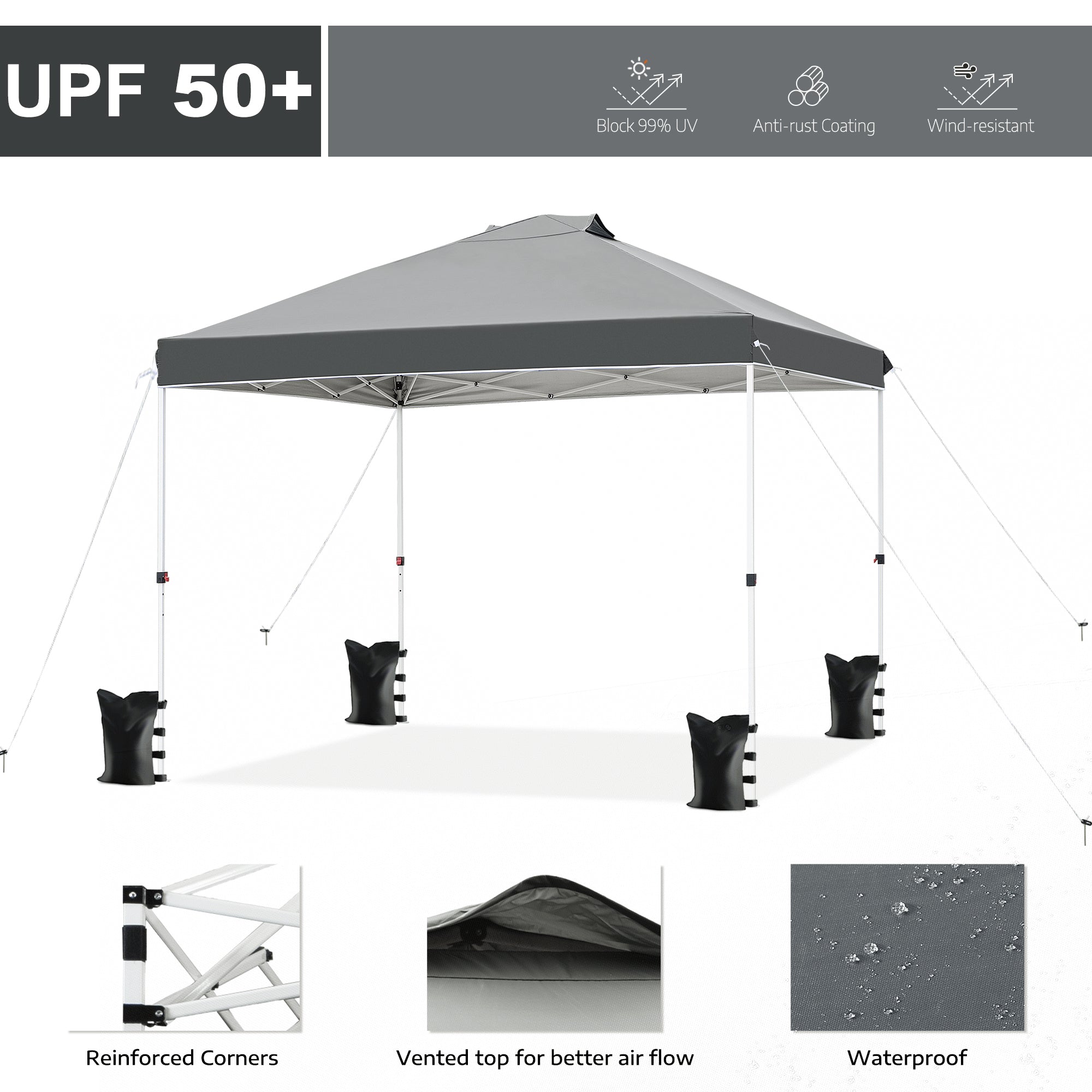 FHFO Canopy Tent 10x10ft Pop Up Gazebo Canopy Shade Outdoor Tent Waterproof&Sunscreen, High Density Silver Coated Oxford Tent,Adjustable Height,8 Stakes,4 Sandbags,4 Ropes,1 Carrying Bag,White