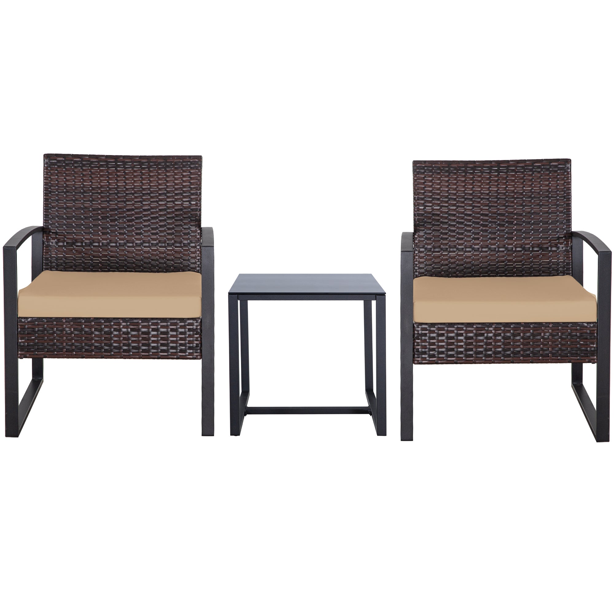 FHFO 3 Pieces Patio Furniture Set, Outdoor Wicker Conversation Bistro Set w/ 2 Chairs, 2 Cushions, Glass Coffee Table for Garden Balcony Backyard Porch Lawn - Brown Wicker & White Cushions