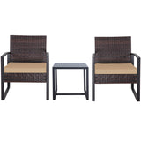 FHFO 3 Pieces Patio Furniture Set, Outdoor Wicker Conversation Bistro Set w/ 2 Chairs, 2 Cushions, Glass Coffee Table for Garden Balcony Backyard Porch Lawn - Brown Wicker & White Cushions