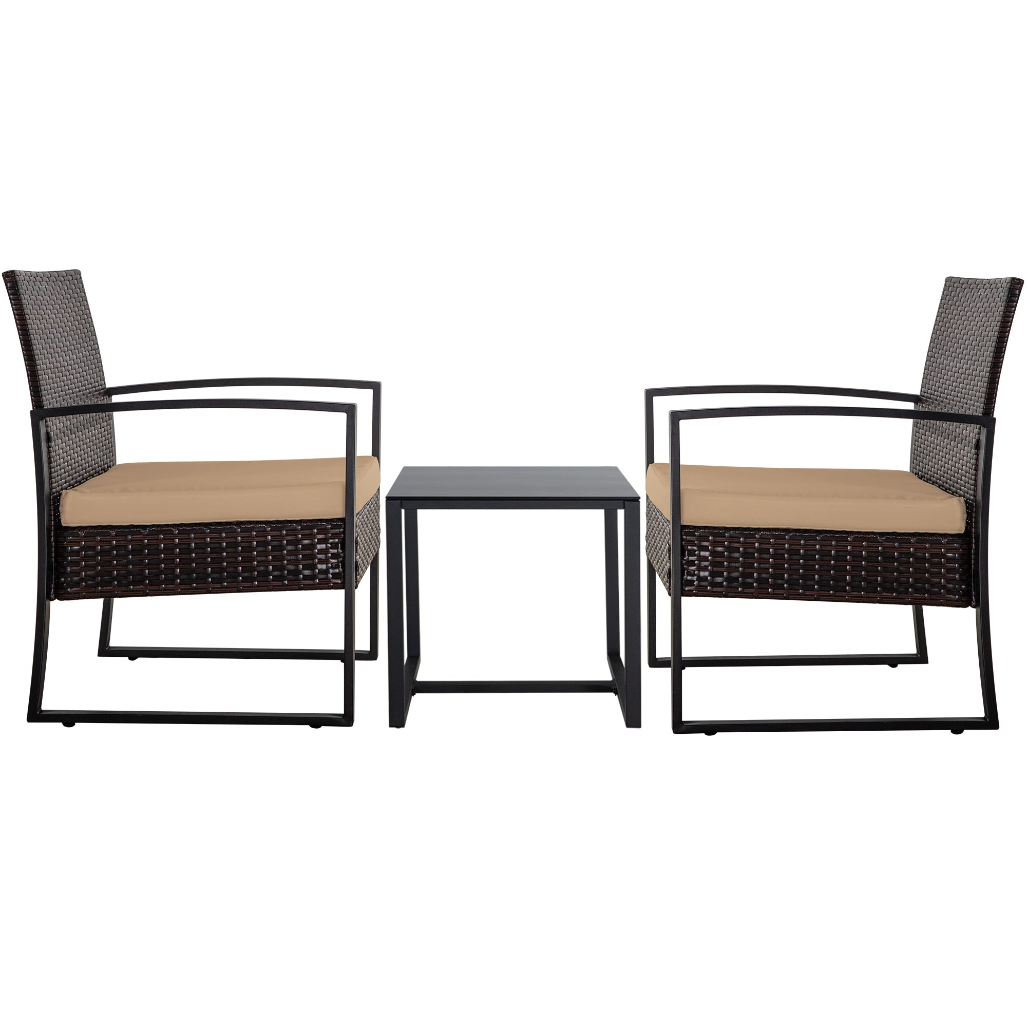 FHFO 3 Pieces Patio Furniture Set, Outdoor Wicker Conversation Bistro Set w/ 2 Chairs, 2 Cushions, Glass Coffee Table for Garden Balcony Backyard Porch Lawn - Brown Wicker & White Cushions