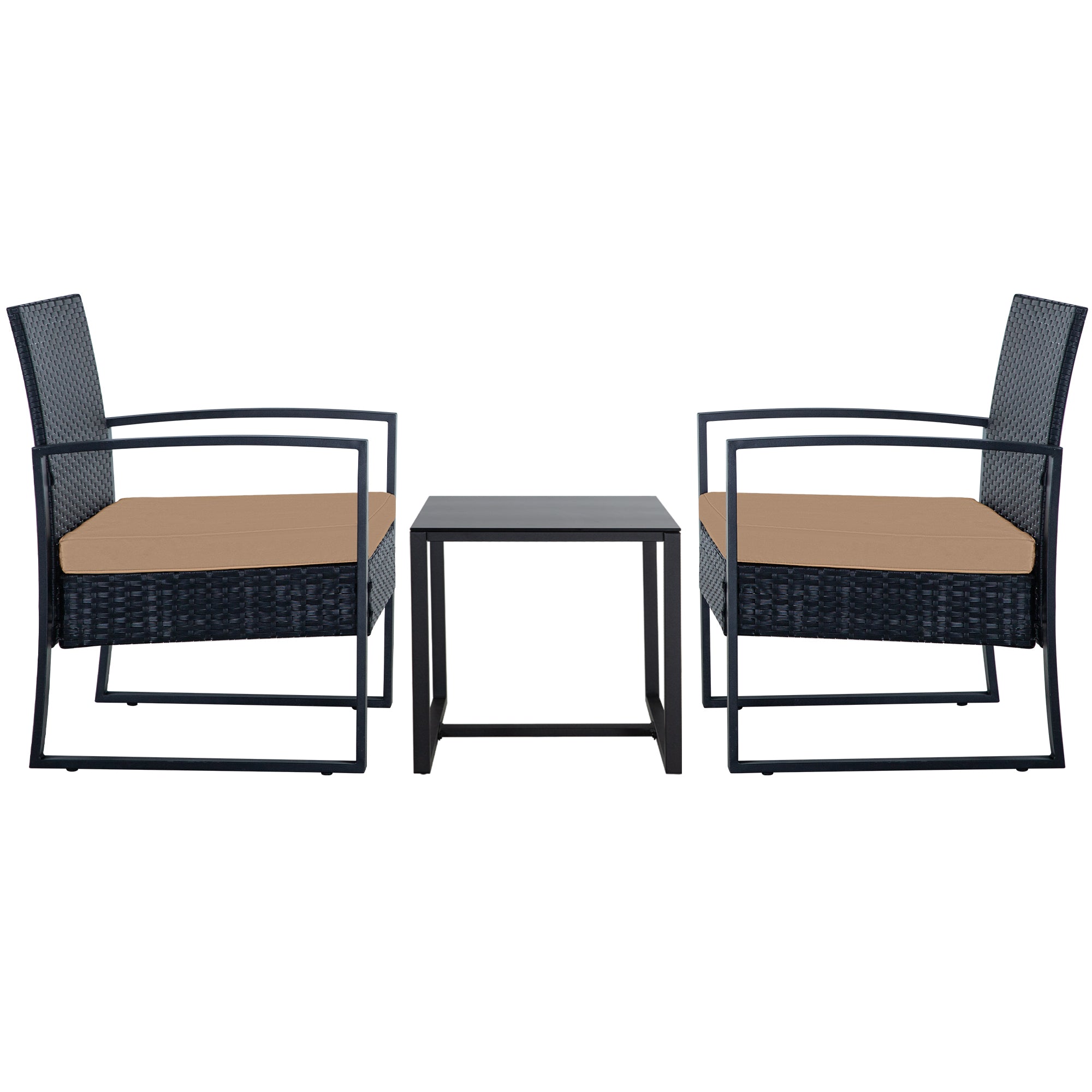 FHFO 3 Pieces Patio Furniture Set, Outdoor Wicker Conversation Bistro Set w/ 2 Chairs, 2 Cushions, Glass Coffee Table for Garden Balcony Backyard Porch Lawn - Brown Wicker & White Cushions