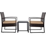 FHFO 3 Pieces Patio Furniture Set, Outdoor Wicker Conversation Bistro Set w/ 2 Chairs, 2 Cushions, Glass Coffee Table for Garden Balcony Backyard Porch Lawn - Brown Wicker & White Cushions