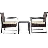 FHFO 3 Pieces Patio Furniture Set, Outdoor Wicker Conversation Bistro Set w/ 2 Chairs, 2 Cushions, Glass Coffee Table for Garden Balcony Backyard Porch Lawn - Brown Wicker & White Cushions